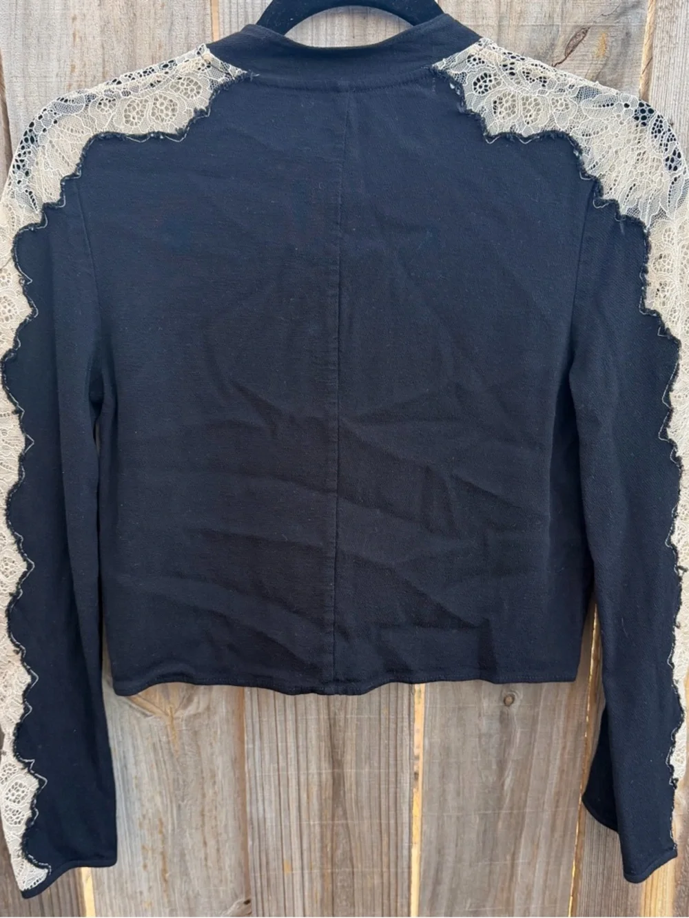 Free People Freya lace arm XS rayon tie neck V-Neck black long sleeve shirt
